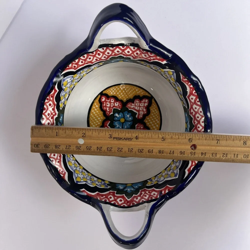 Mexican Talavera Hand Painted Bowl w/ Handles Lead Free Puebla 7